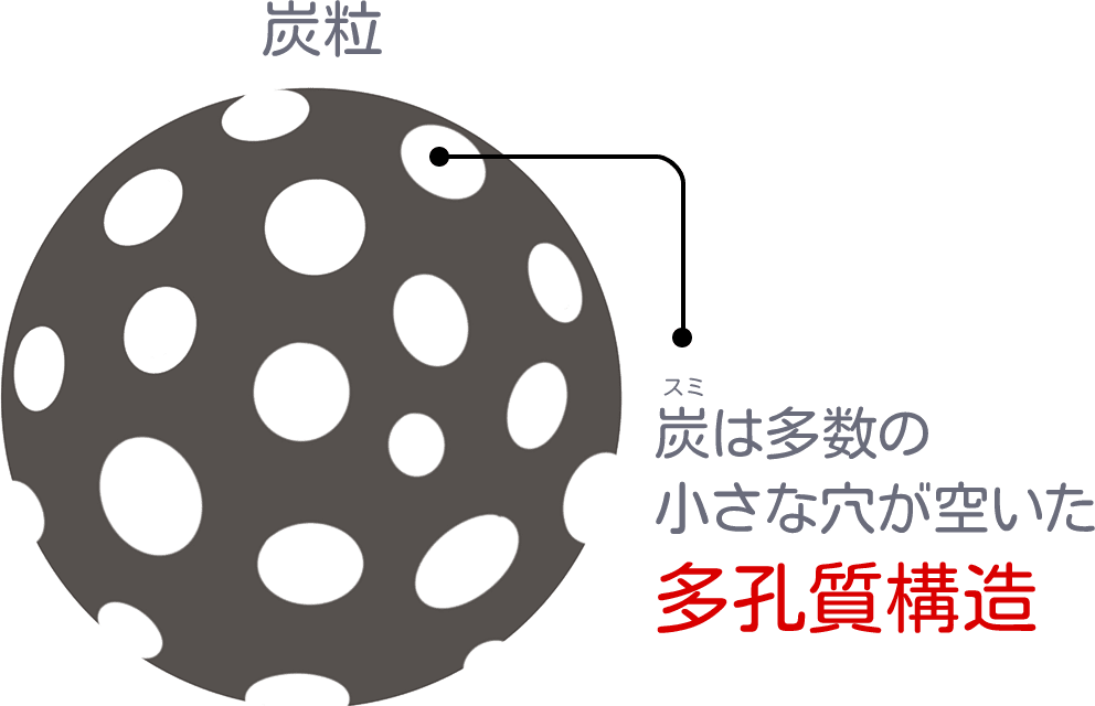 炭粒 炭は多数の小さな穴が空いた多孔質構造